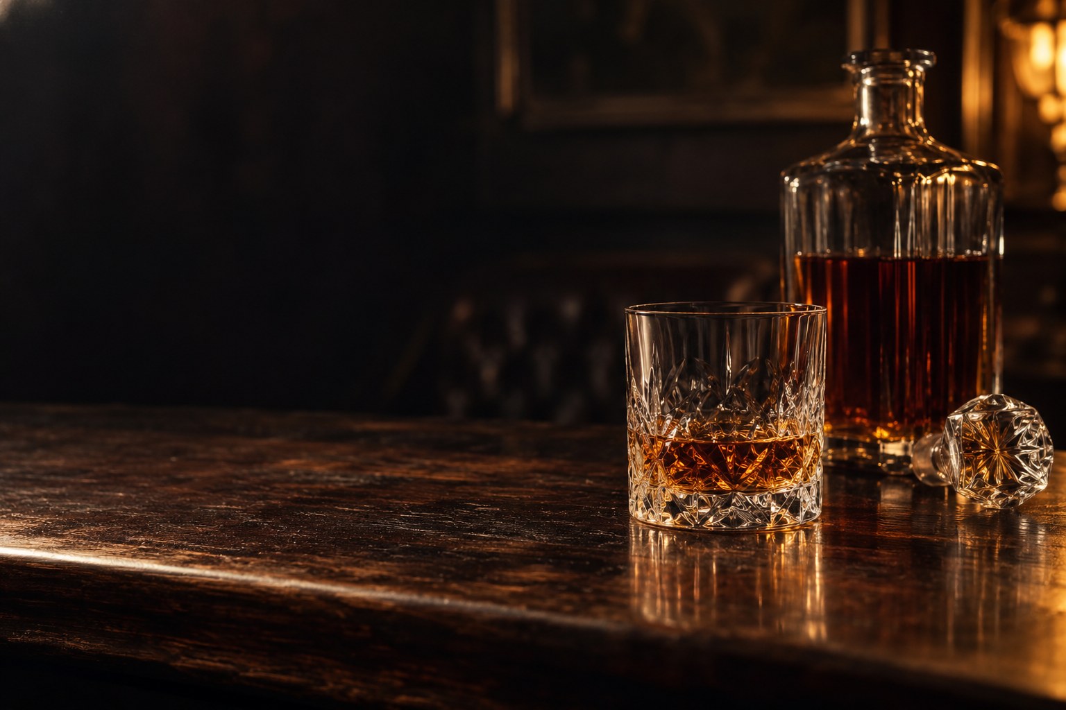 Amber bourbon in cut crystal on a dark walnut speakeasy bar