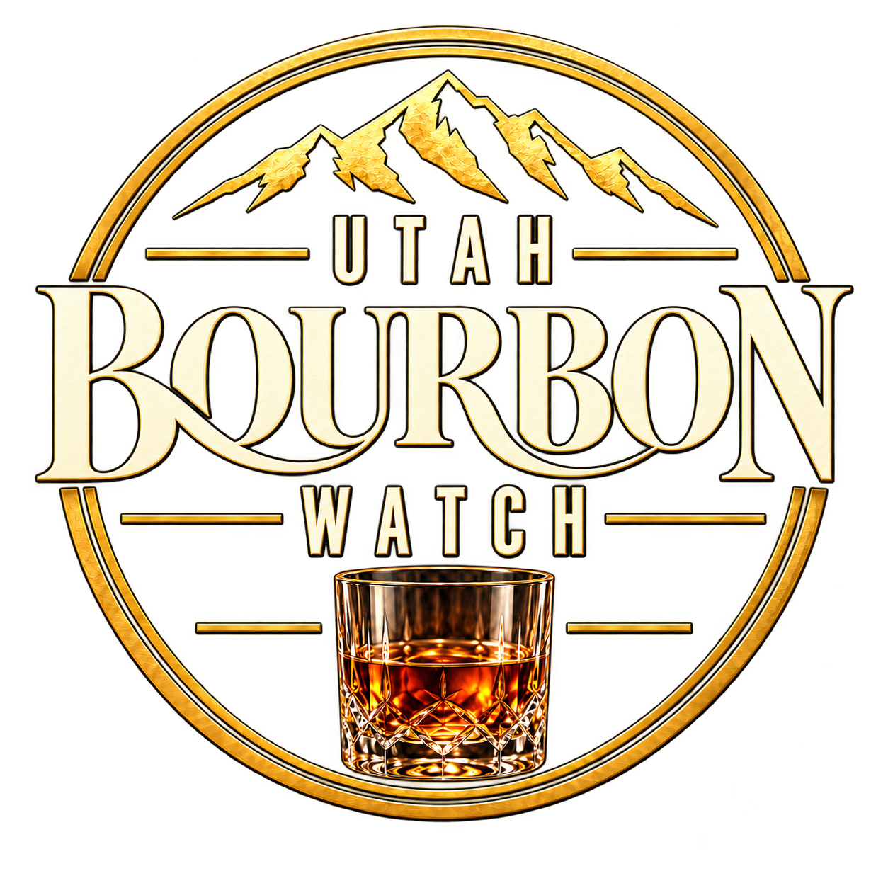 Utah Bourbon Watch gold mountain badge with an amber bourbon glass